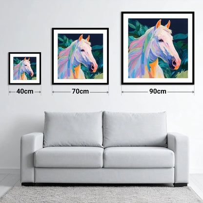 Prismatic Equine Spirit - size guide showing 40cm, 70cm and 90cm art prints