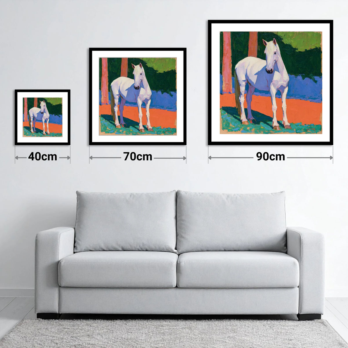 Vibrant Painted Grey Horse - size guide showing 40cm, 70cm and 90cm art prints