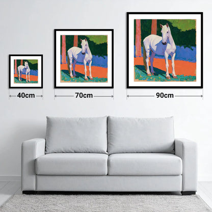 Vibrant Painted Grey Horse - size guide showing 40cm, 70cm and 90cm art prints