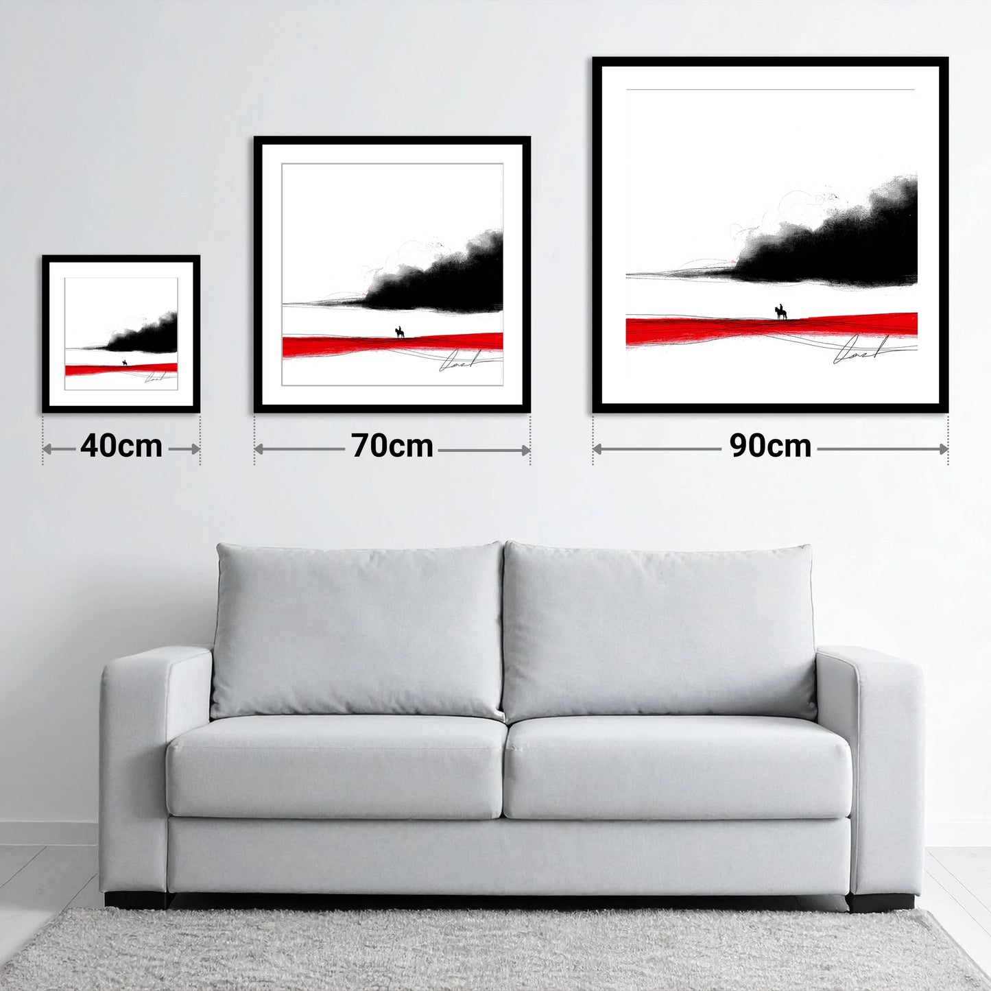 Crimson Horizon Silhouette - size guide showing 40cm, 70cm and 90cm art prints