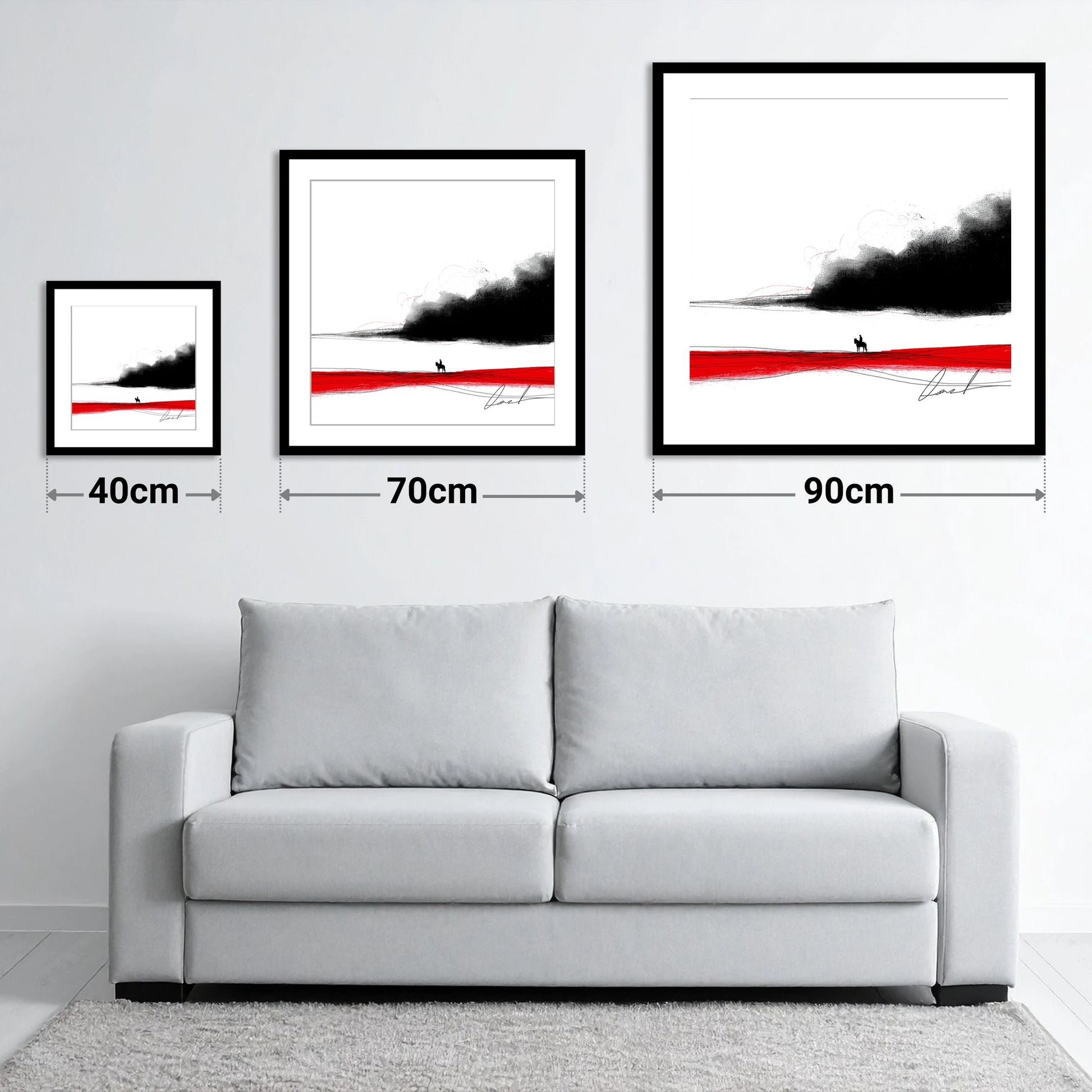 Crimson Horizon Silhouette - size guide showing 40cm, 70cm and 90cm art prints
