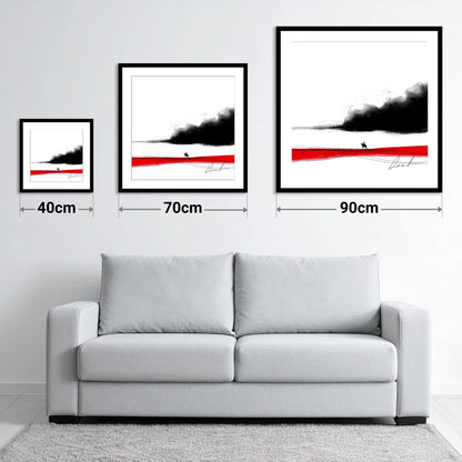 Crimson Horizon Silhouette - size guide showing 40cm, 70cm and 90cm art prints