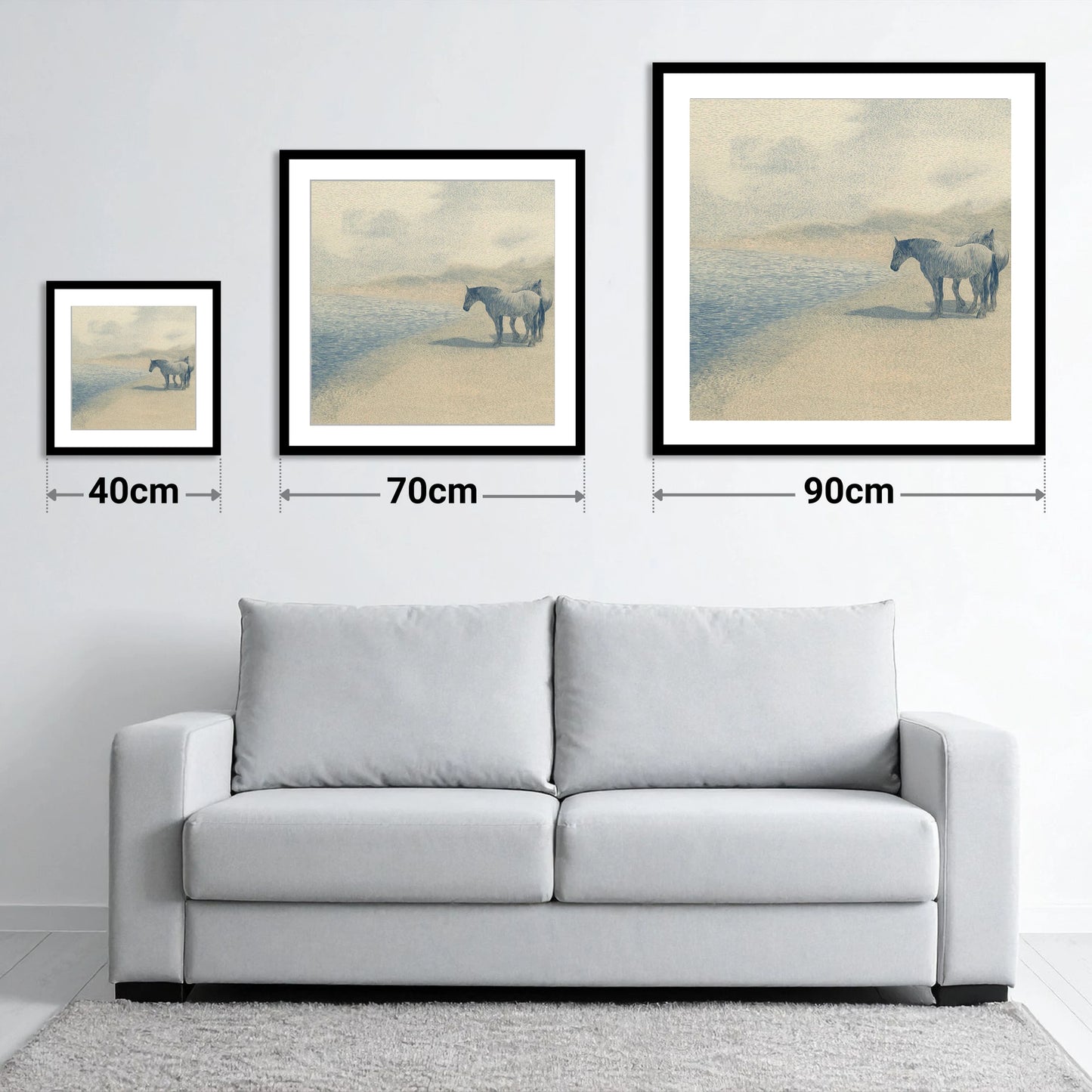 Coastal Companions - size guide showing 40cm, 70cm and 90cm art prints