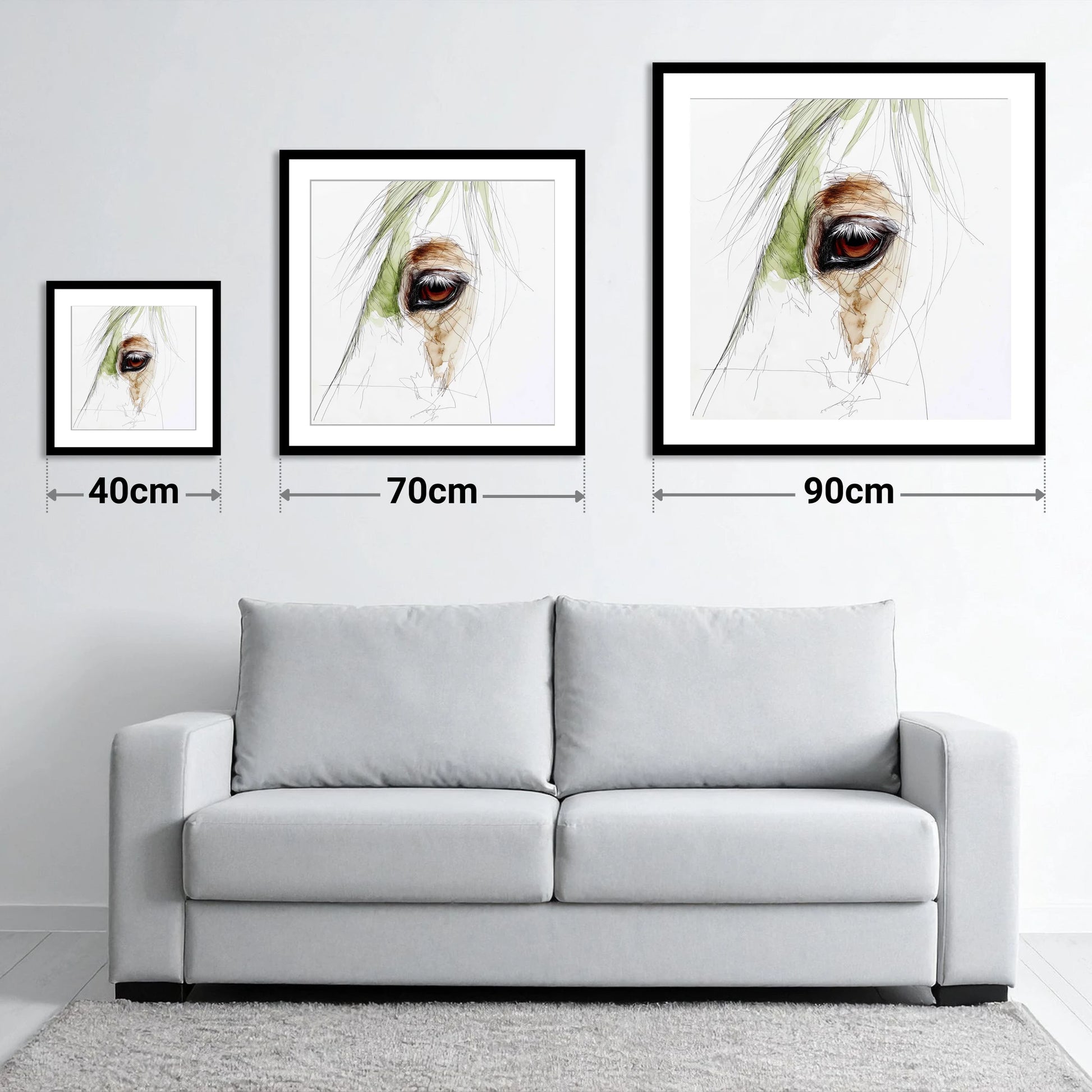 The Amber Gaze - size guide showing 40cm, 70cm and 90cm art prints