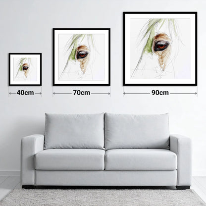 The Amber Gaze - size guide showing 40cm, 70cm and 90cm art prints