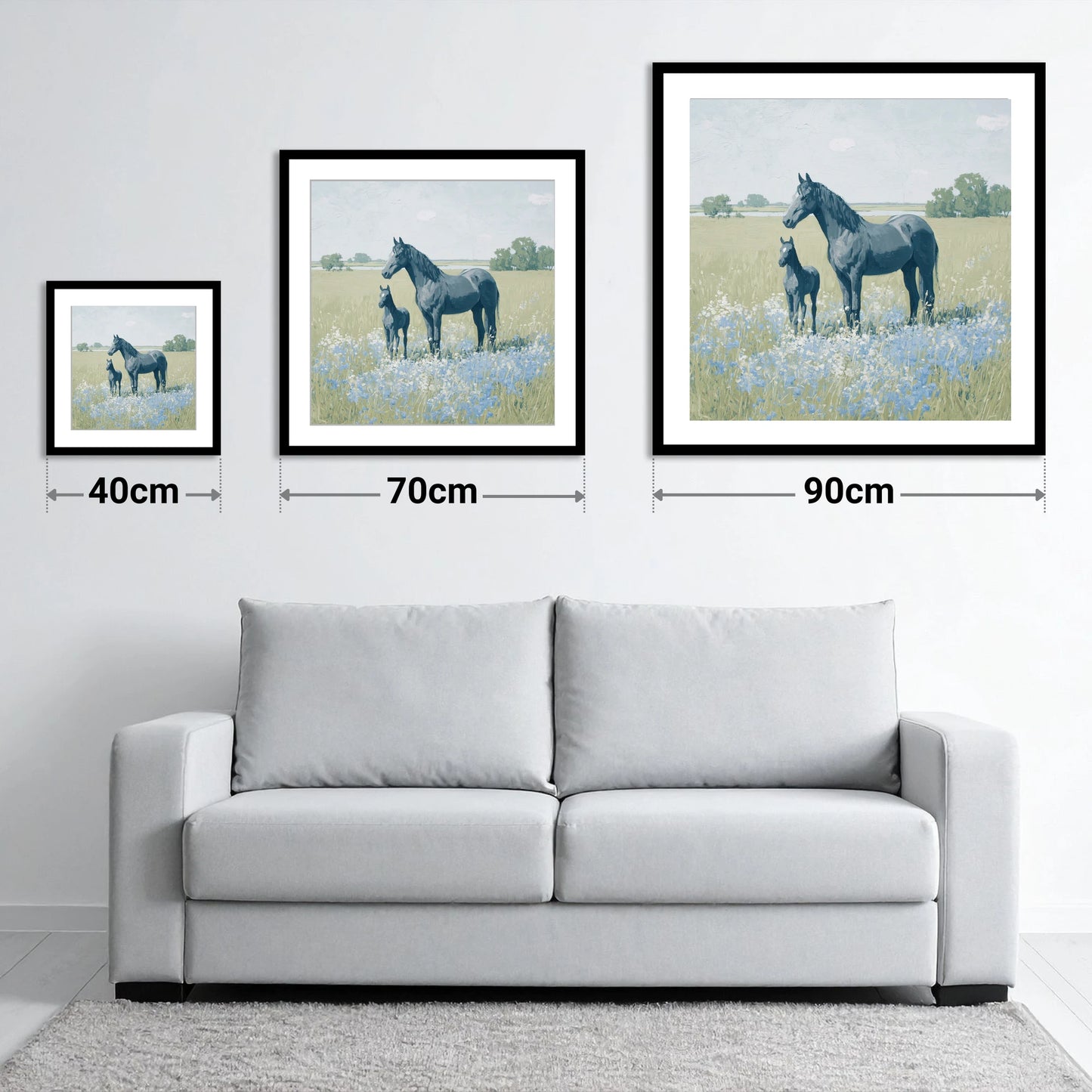 The Blue Meadow - size guide showing 40cm, 70cm and 90cm art prints