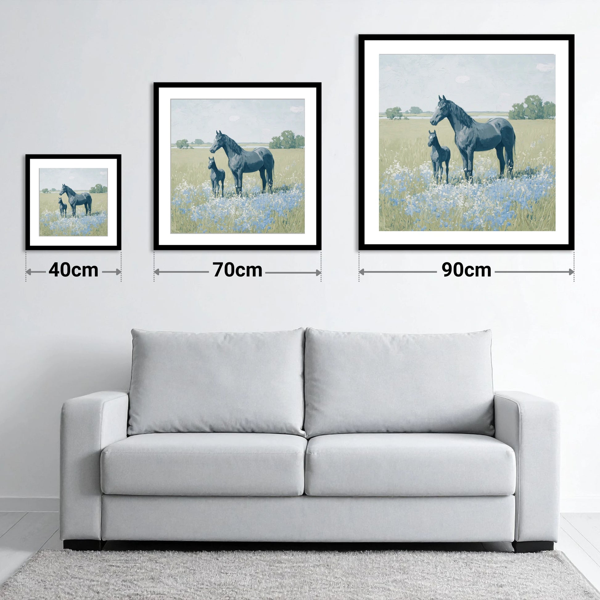 The Blue Meadow - size guide showing 40cm, 70cm and 90cm art prints