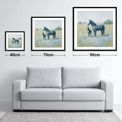 The Blue Meadow - size guide showing 40cm, 70cm and 90cm art prints