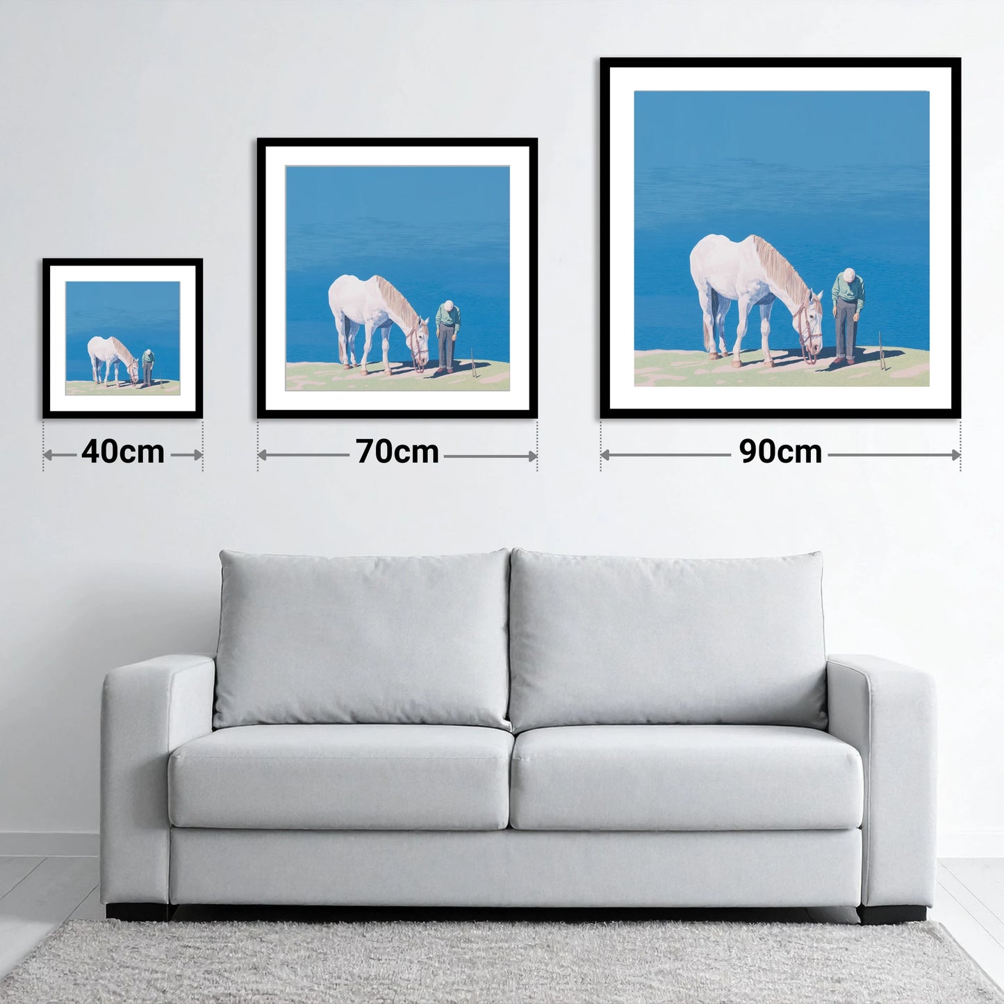 Shared Silence - size guide showing 40cm, 70cm and 90cm art prints