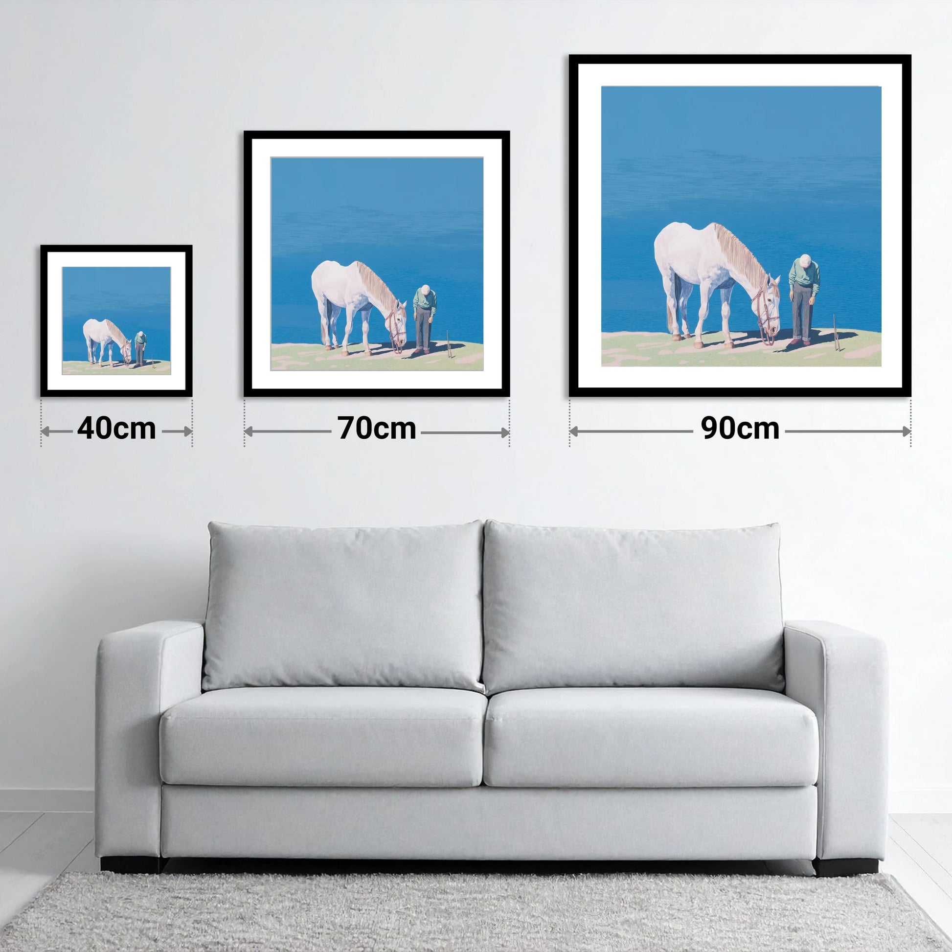 Shared Silence - size guide showing 40cm, 70cm and 90cm art prints