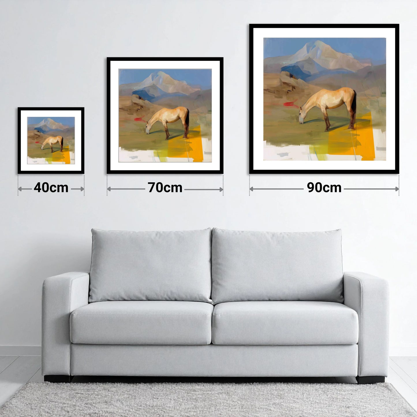Golden Mountain Pasture - size guide showing 40cm, 70cm and 90cm art prints