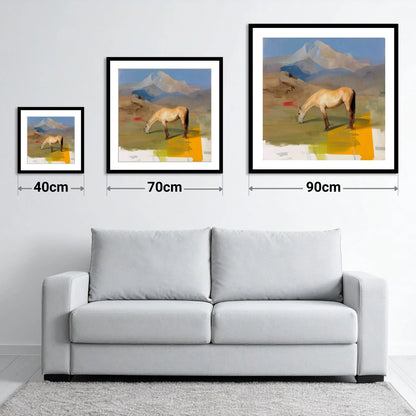 Golden Mountain Pasture - size guide showing 40cm, 70cm and 90cm art prints