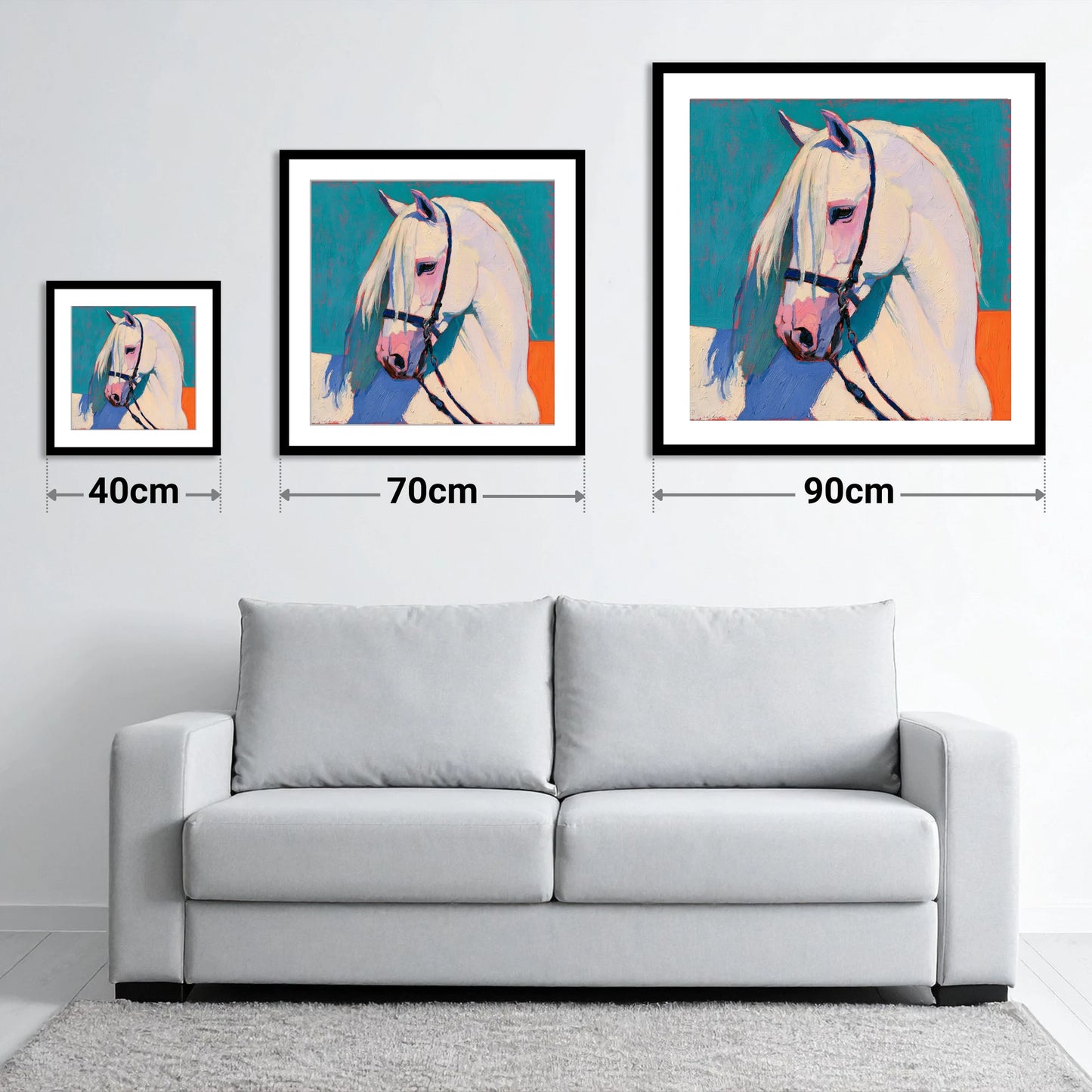 Vibrant Grey Horse on Teal - size guide showing 40cm, 70cm and 90cm art prints