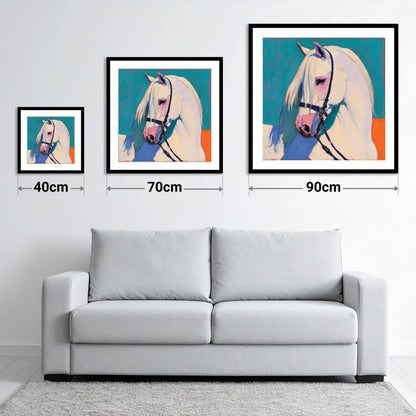 Vibrant Grey Horse on Teal - size guide showing 40cm, 70cm and 90cm art prints