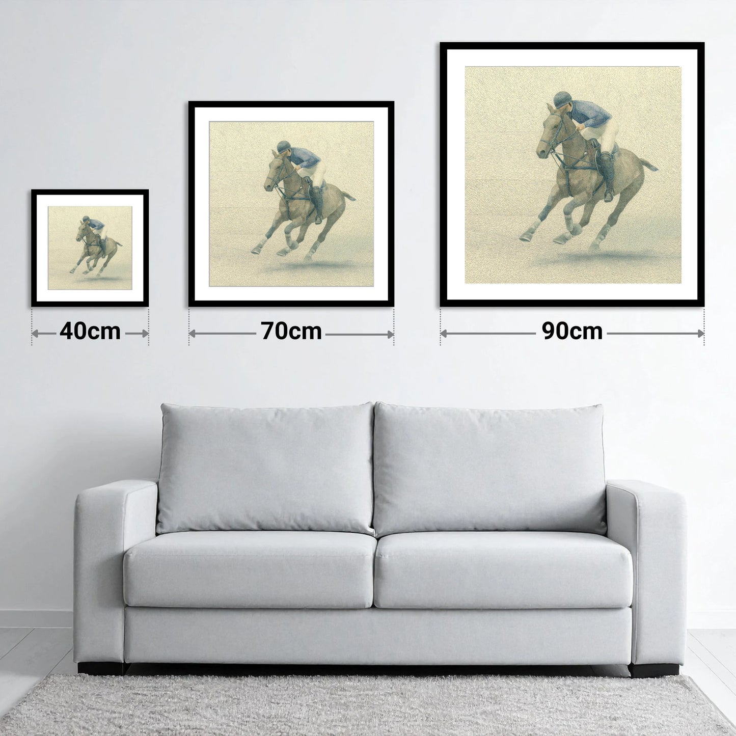 Chukka in Slate Blue - size guide showing 40cm, 70cm and 90cm art prints