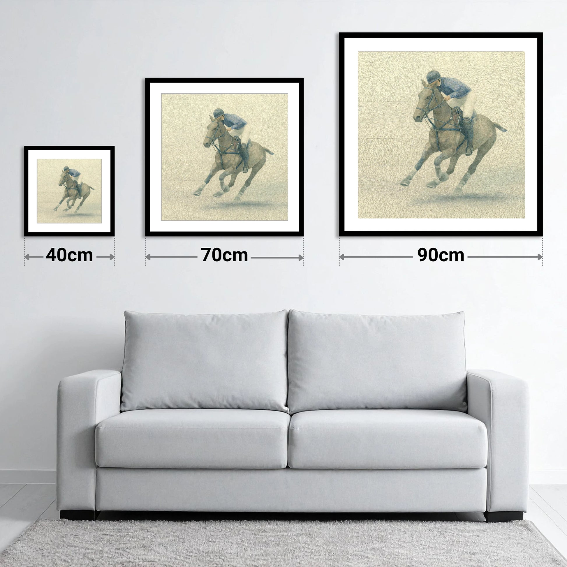 Chukka in Slate Blue - size guide showing 40cm, 70cm and 90cm art prints