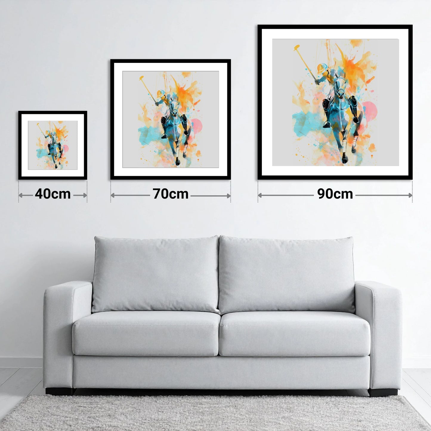 The Decisive Strike - size guide showing 40cm, 70cm and 90cm art prints