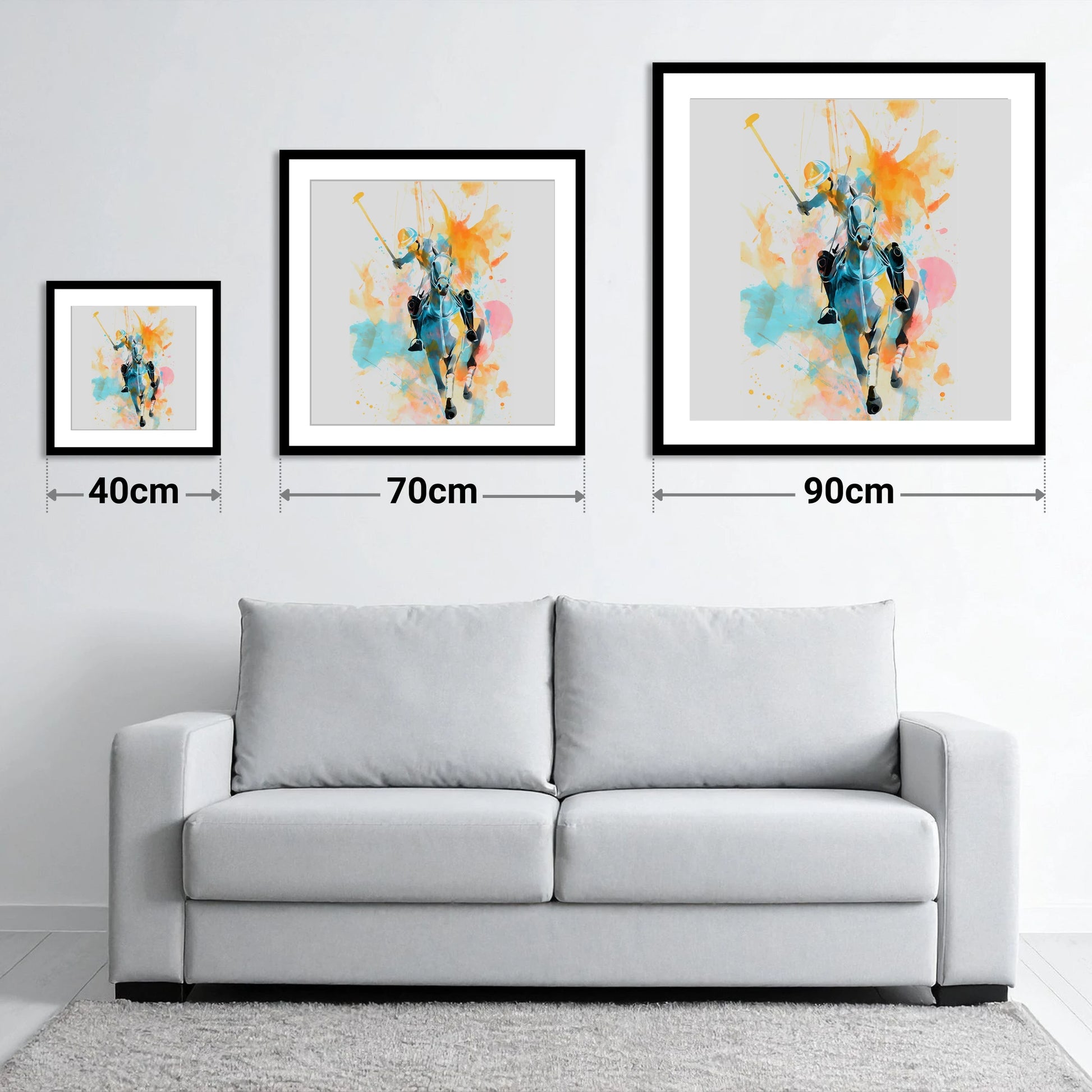 The Decisive Strike - size guide showing 40cm, 70cm and 90cm art prints