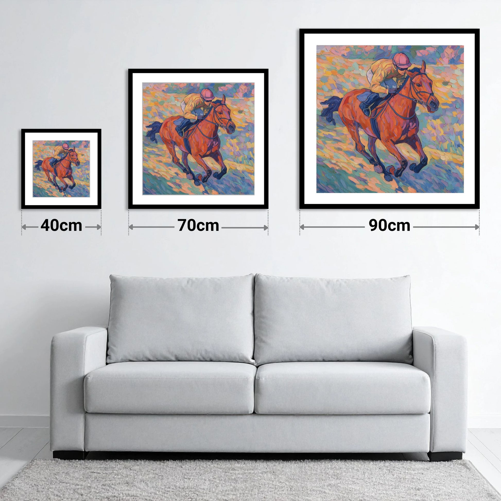 Vibrant Final Furlong - size guide showing 40cm, 70cm and 90cm art prints