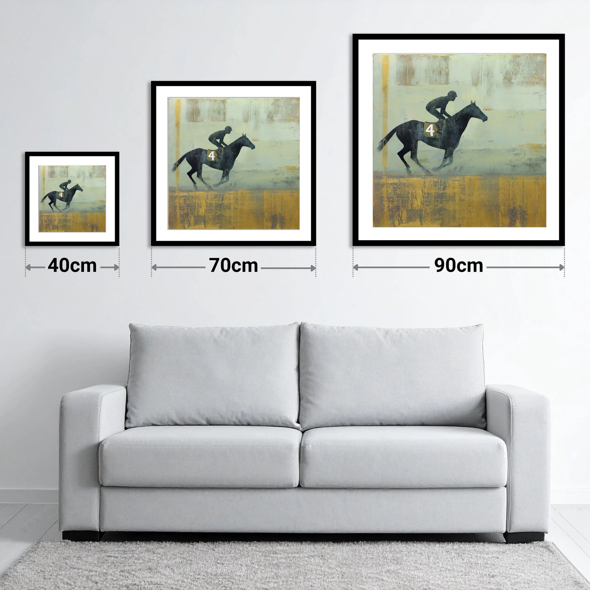 The Gilded Gallop - size guide showing 40cm, 70cm and 90cm art prints