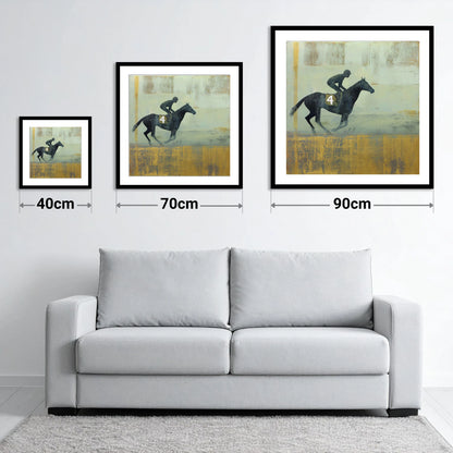 The Gilded Gallop - size guide showing 40cm, 70cm and 90cm art prints