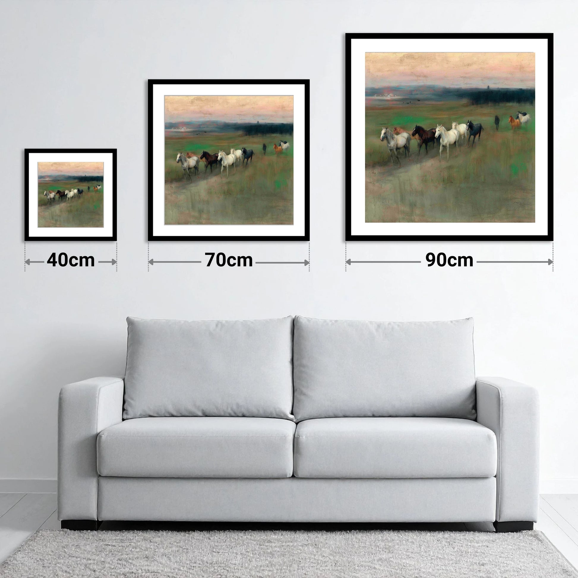 Distant Horizon Herd - size guide showing 40cm, 70cm and 90cm art prints