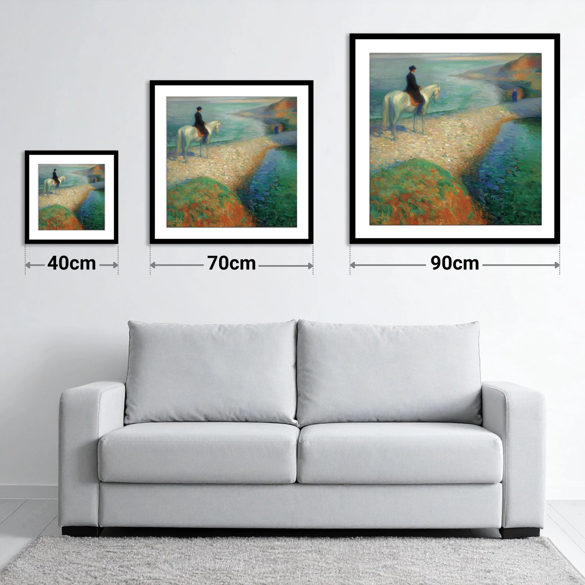 Luminous Coastal Hack - size guide showing 40cm, 70cm and 90cm art prints