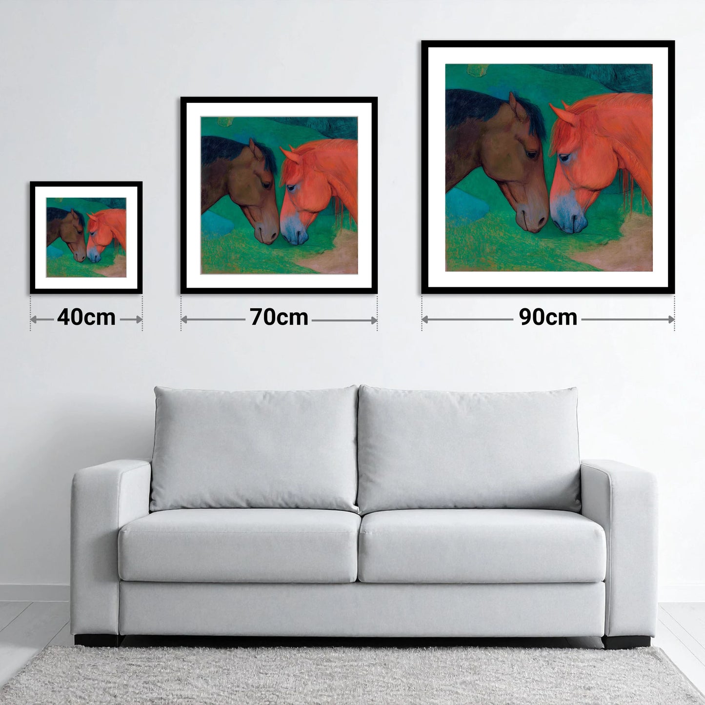 Gentle Companions - size guide showing 40cm, 70cm and 90cm art prints