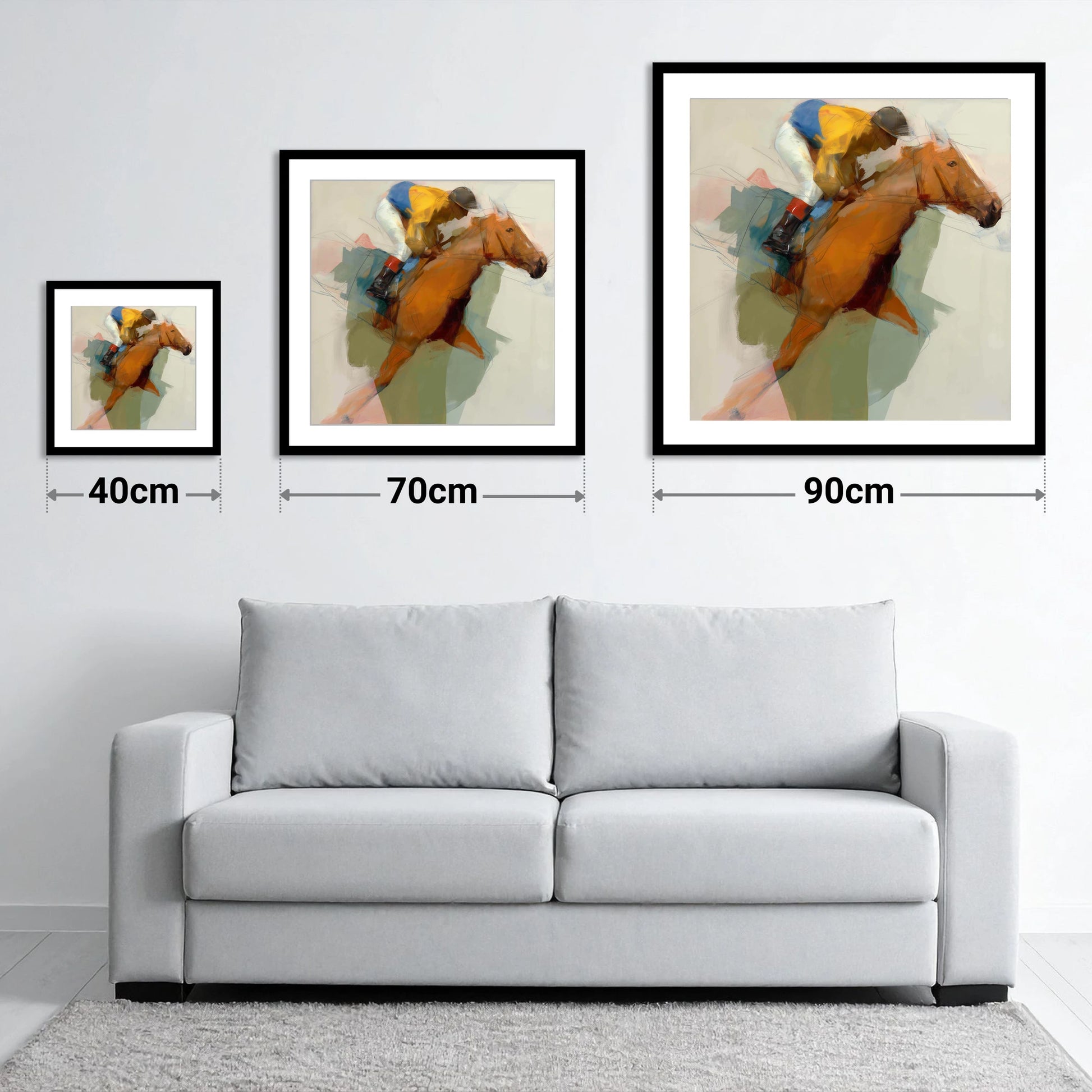 The Front Runner - size guide showing 40cm, 70cm and 90cm art prints