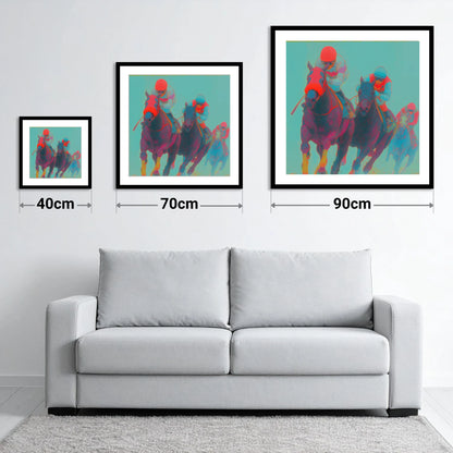 Electric Homestretch - size guide showing 40cm, 70cm and 90cm art prints