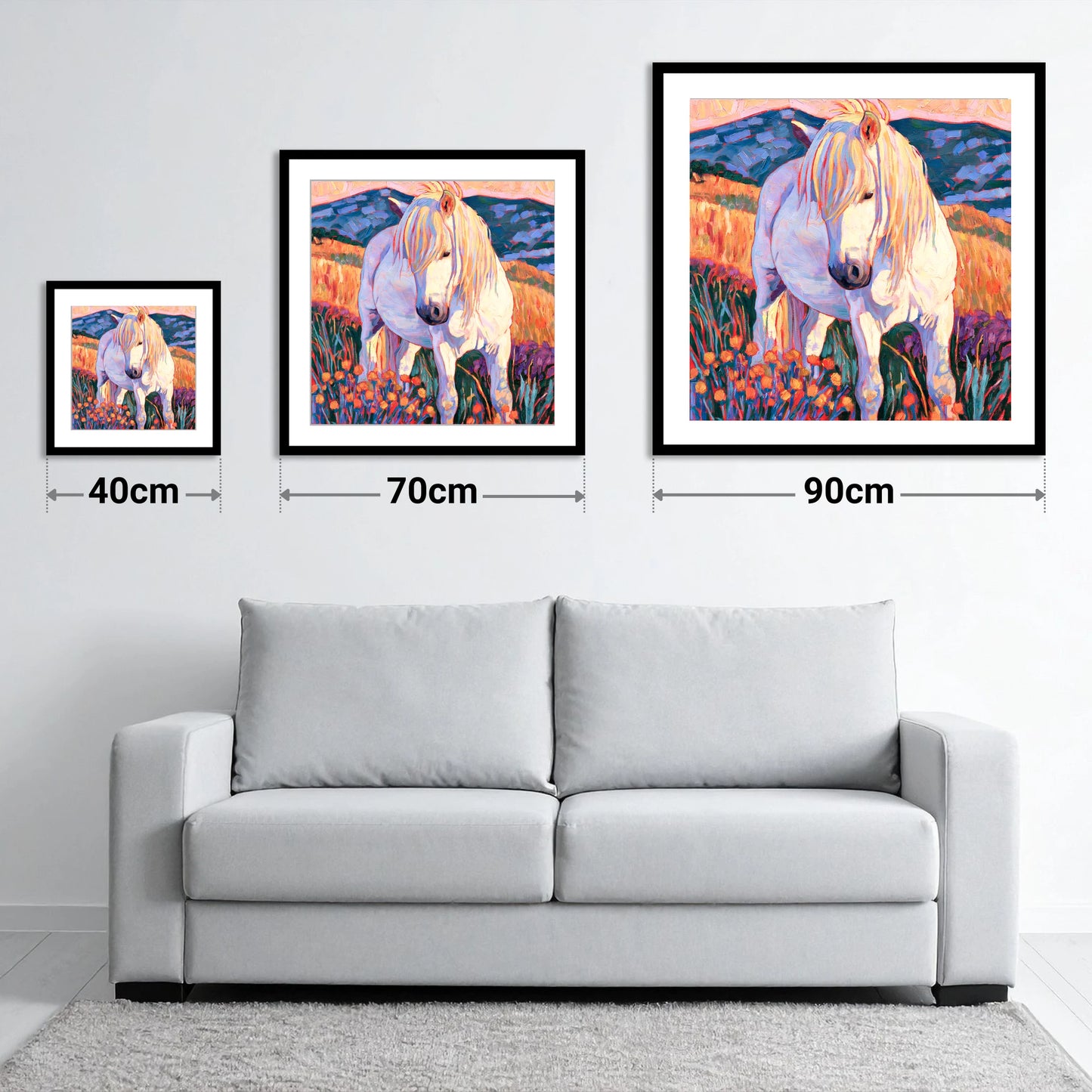 White Horse Among Orange Wildflowers - size guide showing 40cm, 70cm and 90cm art prints