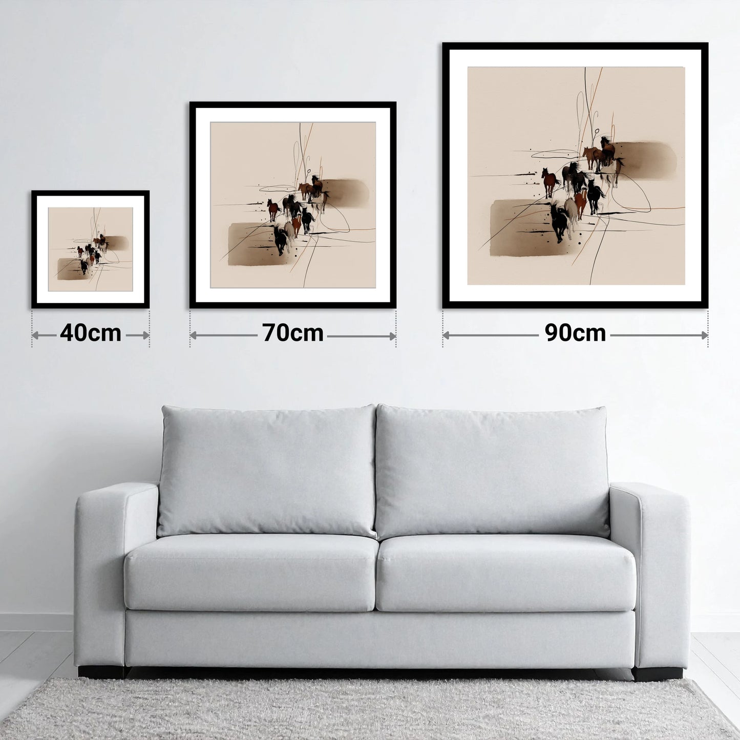 Wild Herd Dynamics - size guide showing 40cm, 70cm and 90cm art prints