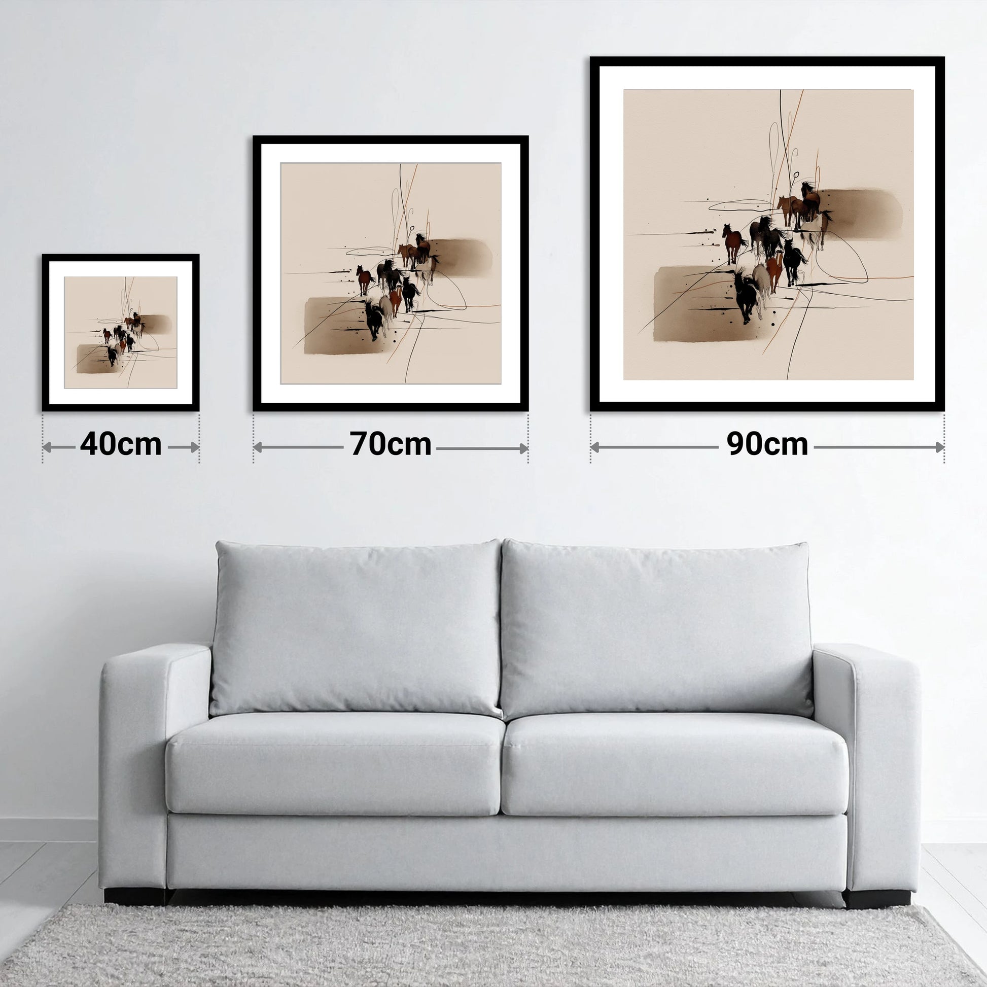 Wild Herd Dynamics - size guide showing 40cm, 70cm and 90cm art prints