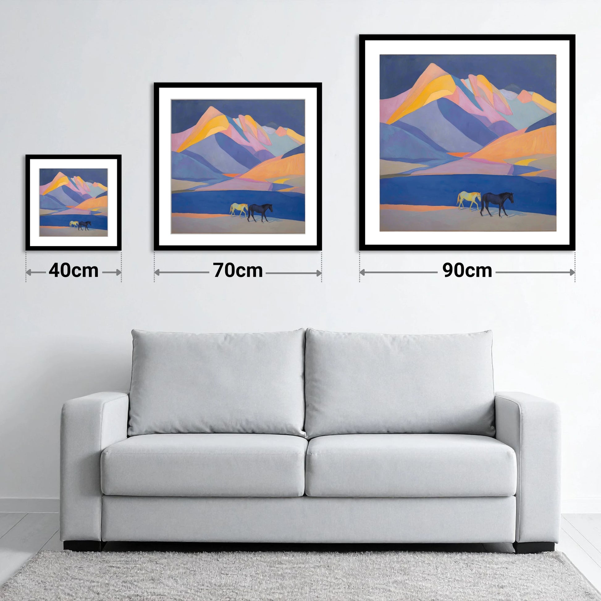 High Mountain Spirits - size guide showing 40cm, 70cm and 90cm art prints