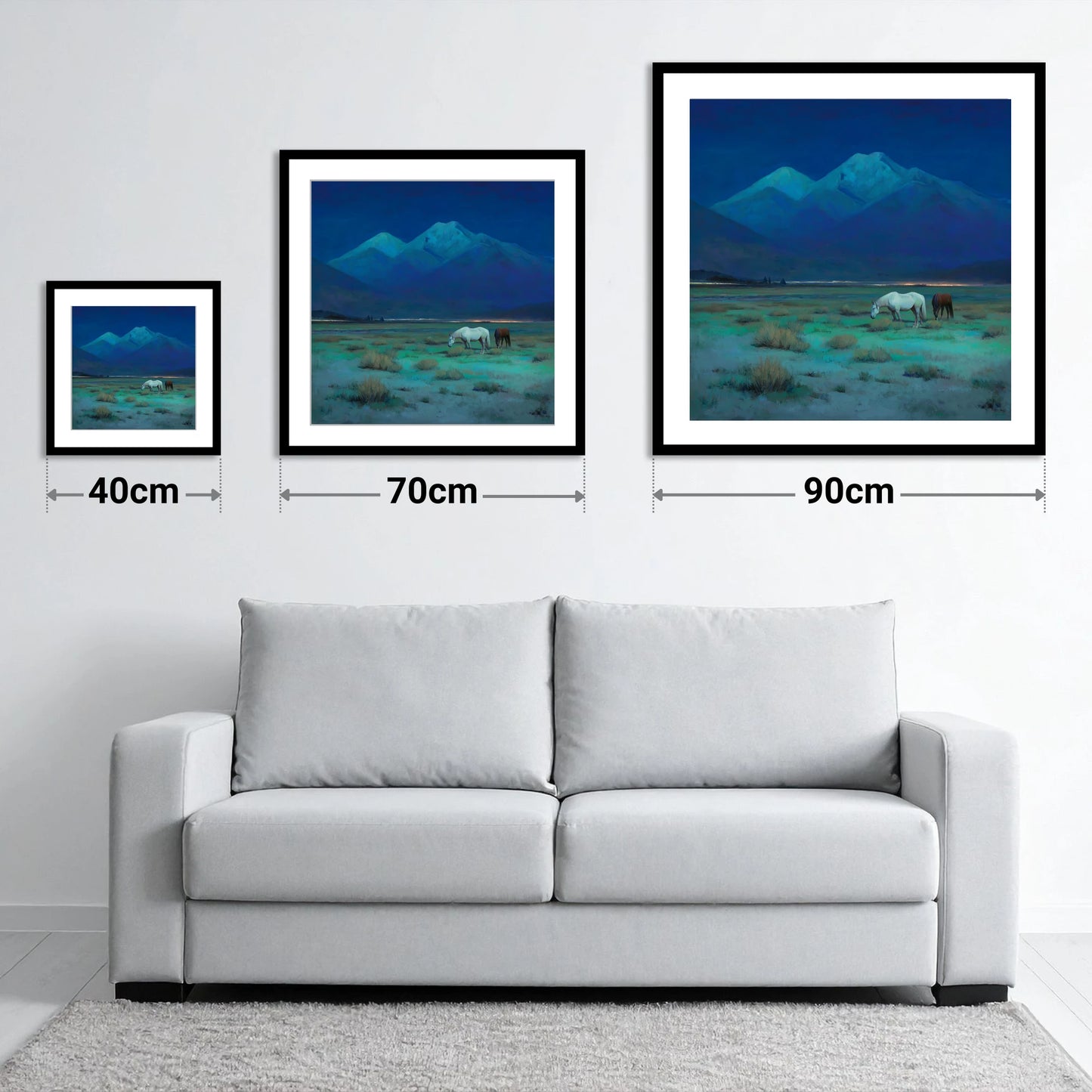 Indigo Night Pasture - size guide showing 40cm, 70cm and 90cm art prints