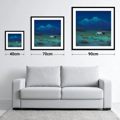 Indigo Night Pasture - size guide showing 40cm, 70cm and 90cm art prints