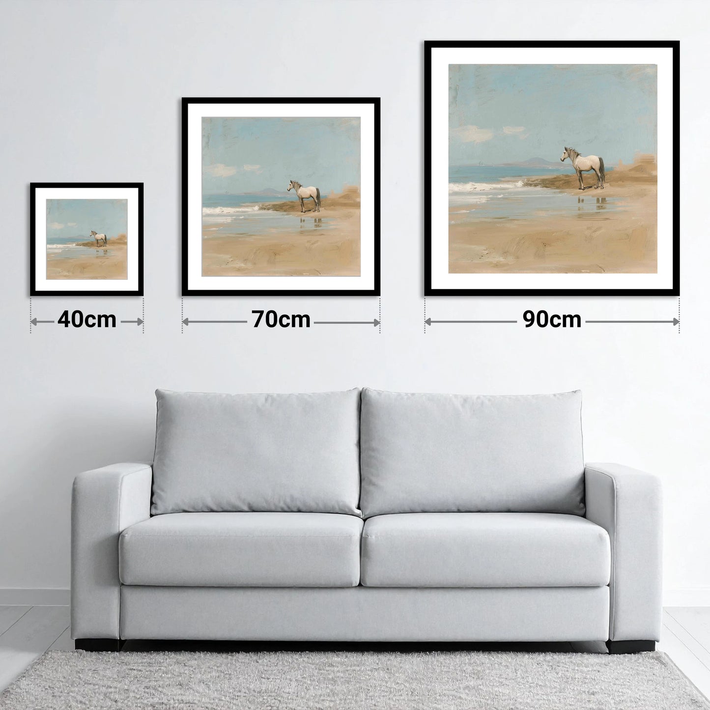 Sentinel of the Shore - size guide showing 40cm, 70cm and 90cm art prints