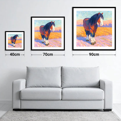 Vivid Heavy Horse - size guide showing 40cm, 70cm and 90cm art prints