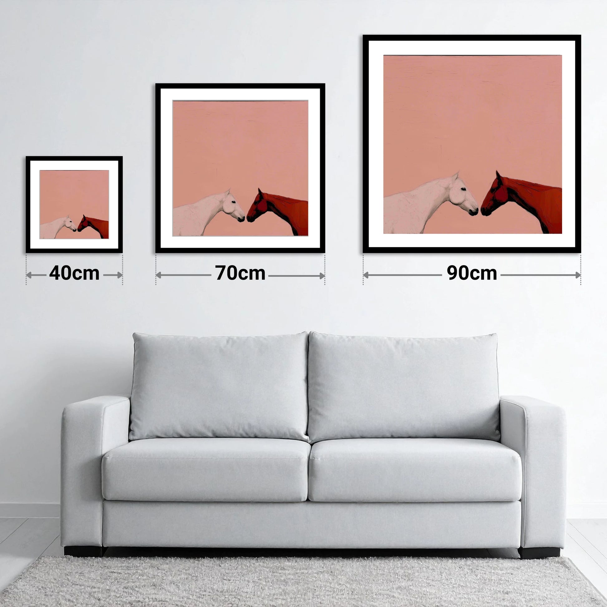 Gentle Encounter - size guide showing 40cm, 70cm and 90cm art prints