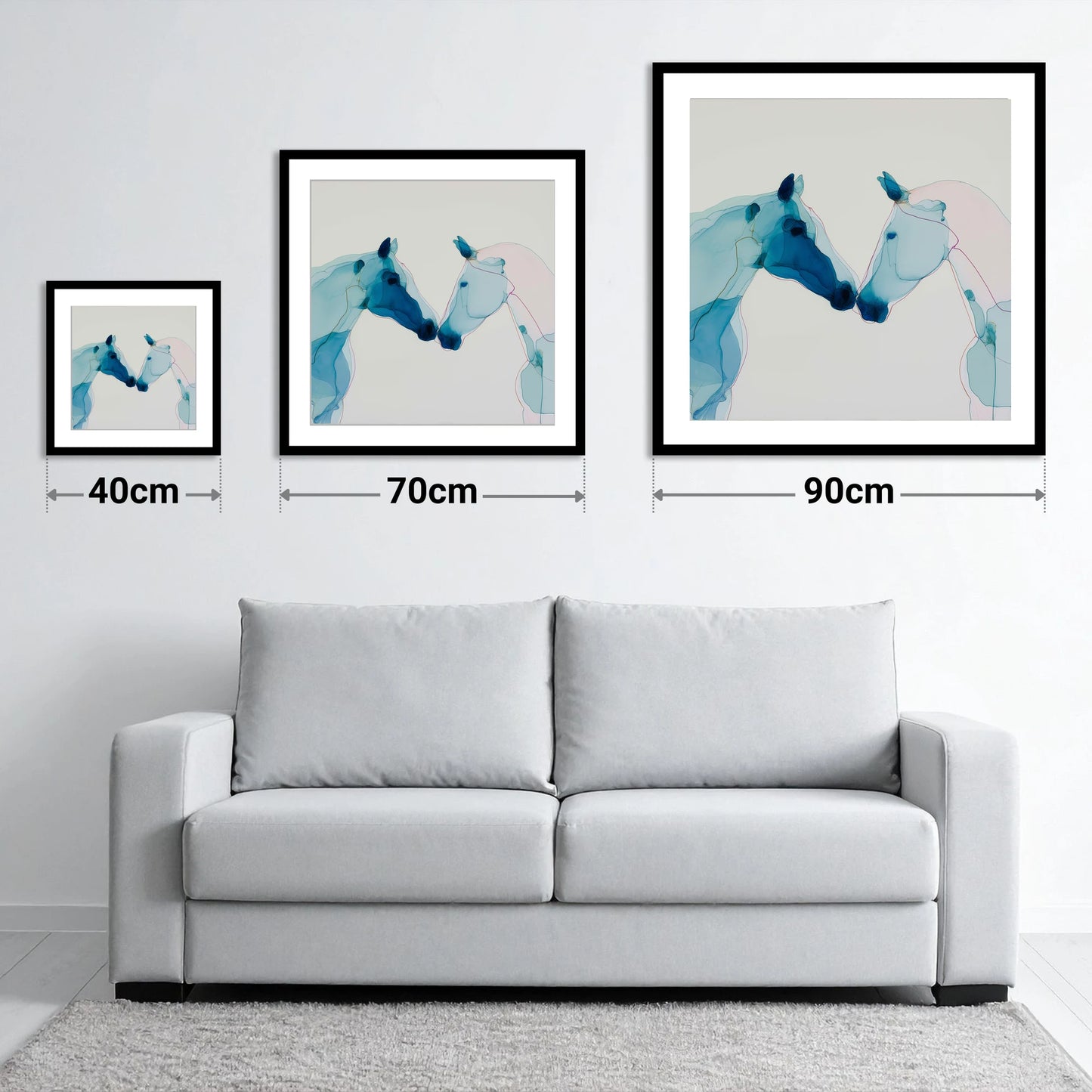 Azure Affinity - size guide showing 40cm, 70cm and 90cm art prints