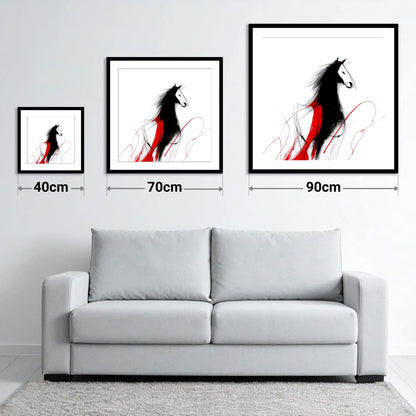 Crimson Equine Silhouette - size guide showing 40cm, 70cm and 90cm art prints