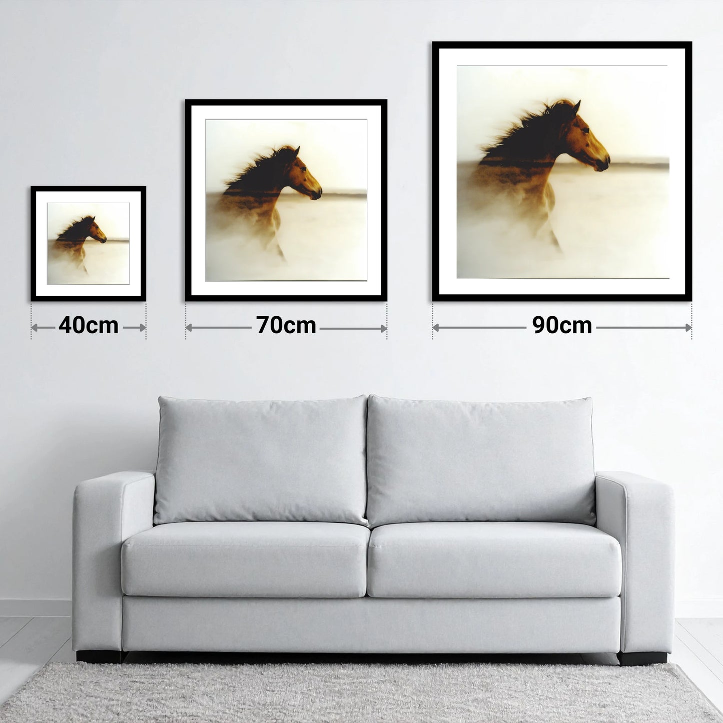 Ethereal Horizon - size guide showing 40cm, 70cm and 90cm art prints