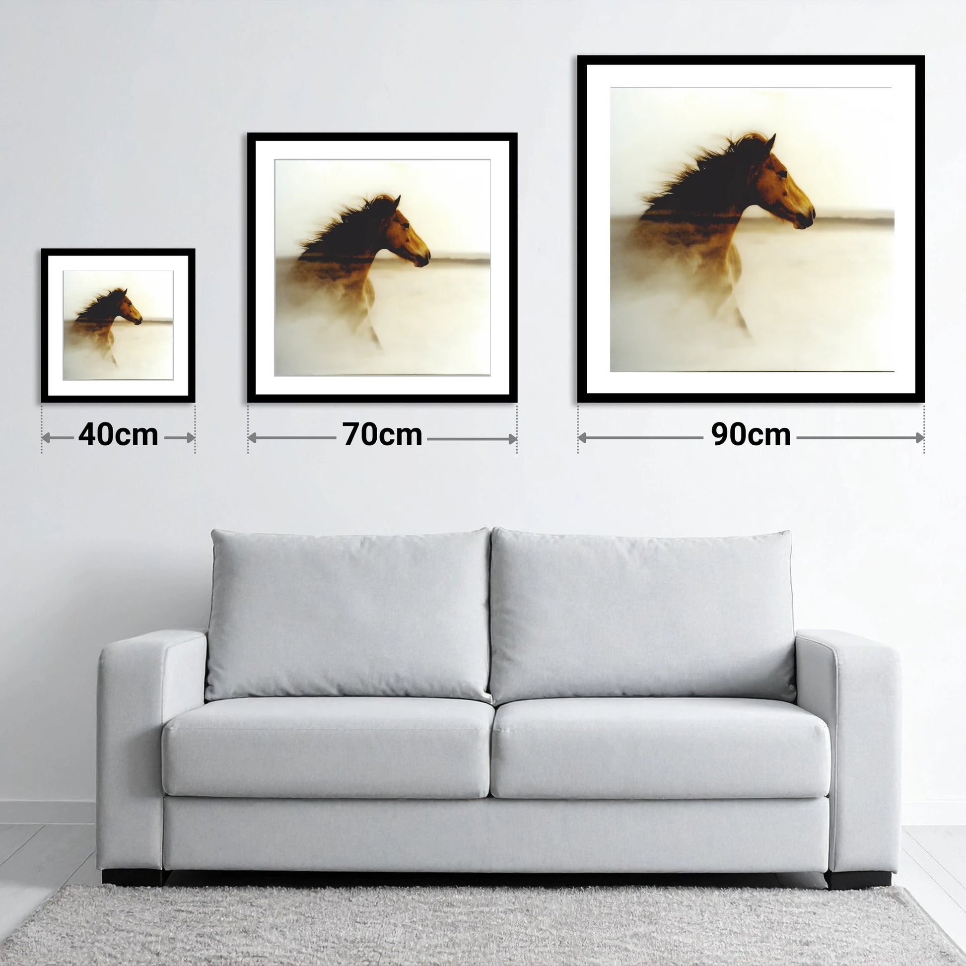 Ethereal Horizon - size guide showing 40cm, 70cm and 90cm art prints