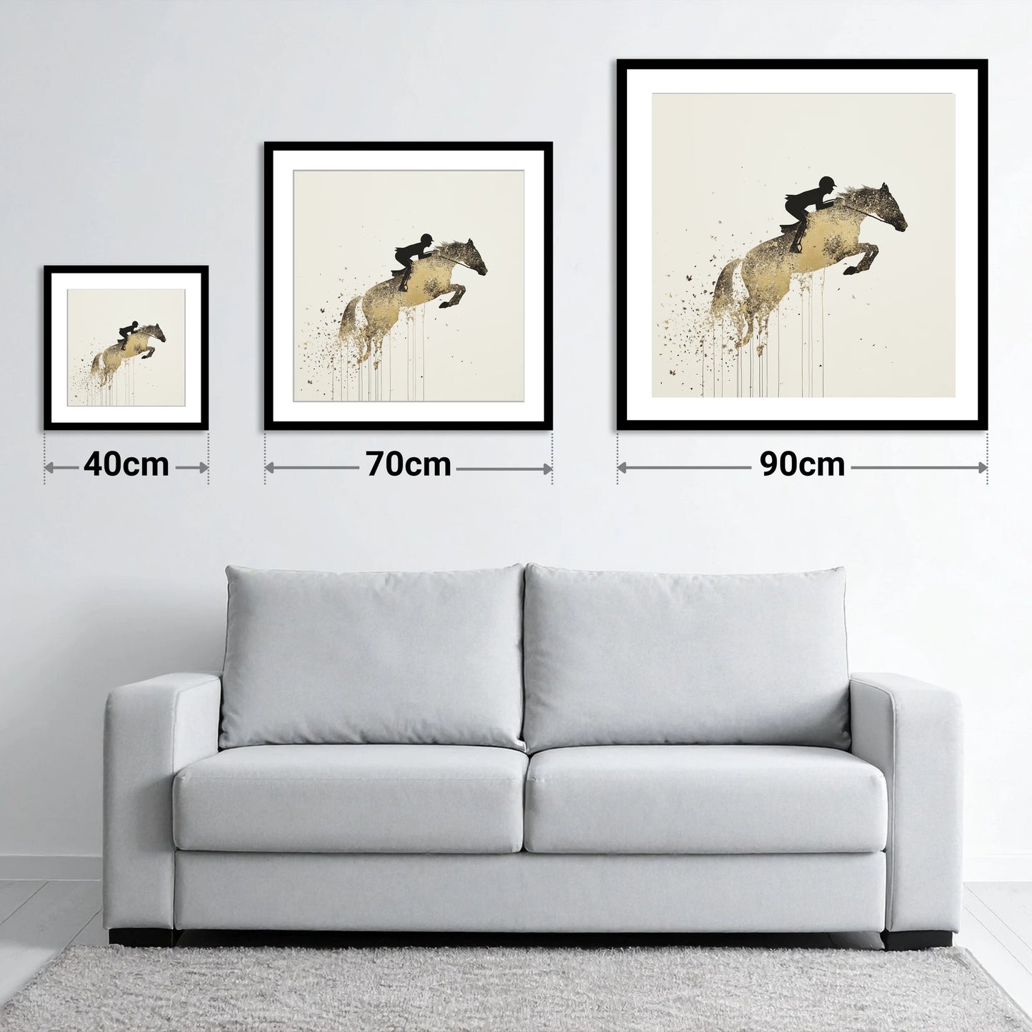 Airborne Gold - size guide showing 40cm, 70cm and 90cm art prints