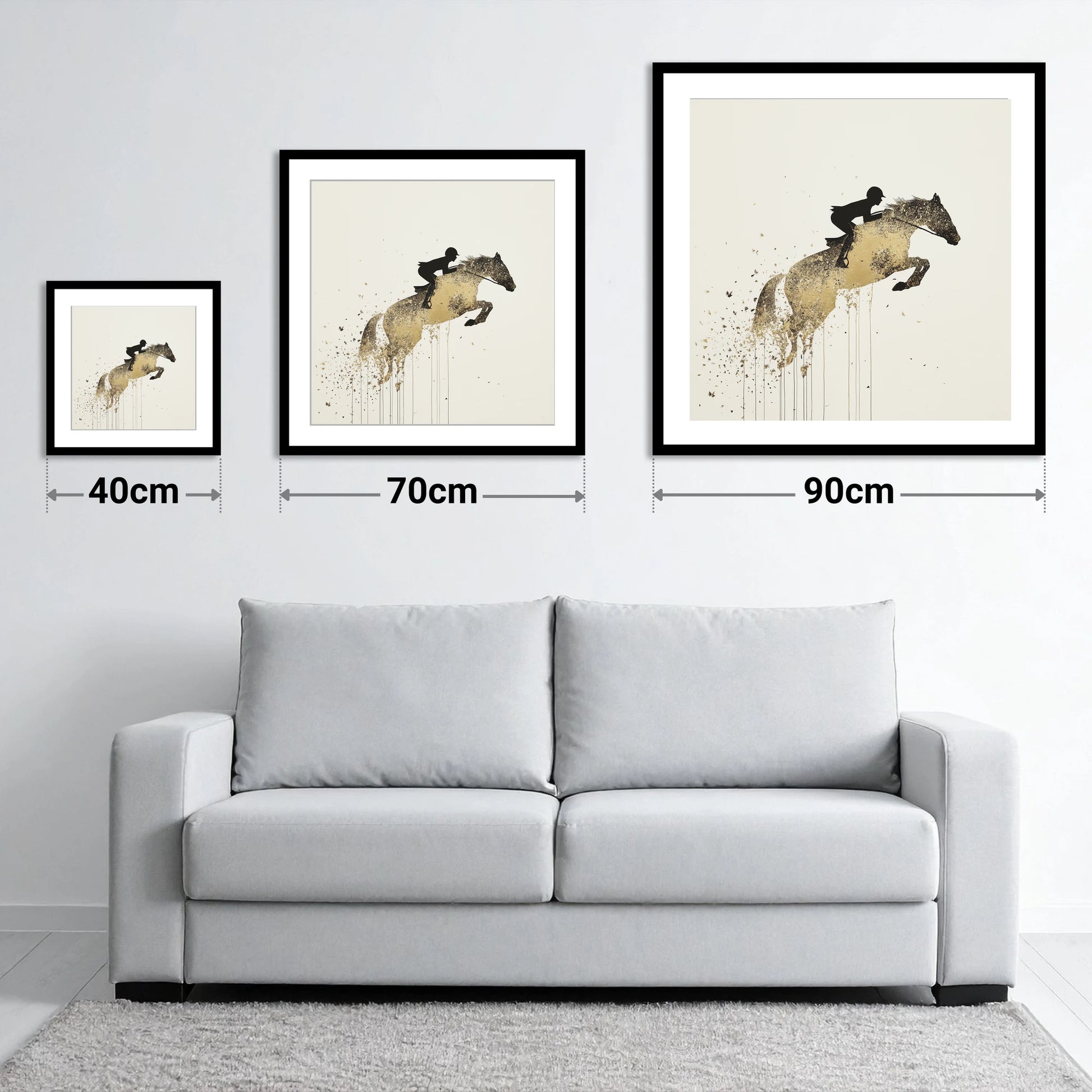 Airborne Gold - size guide showing 40cm, 70cm and 90cm art prints