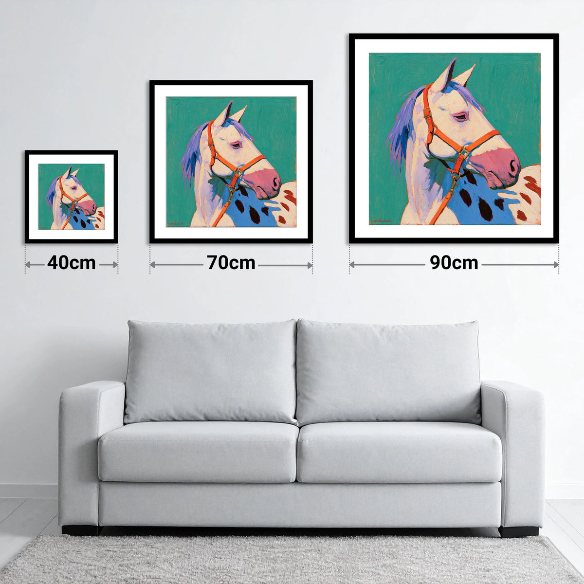 Colourful Appaloosa on Teal Background - size guide showing 40cm, 70cm and 90cm art prints