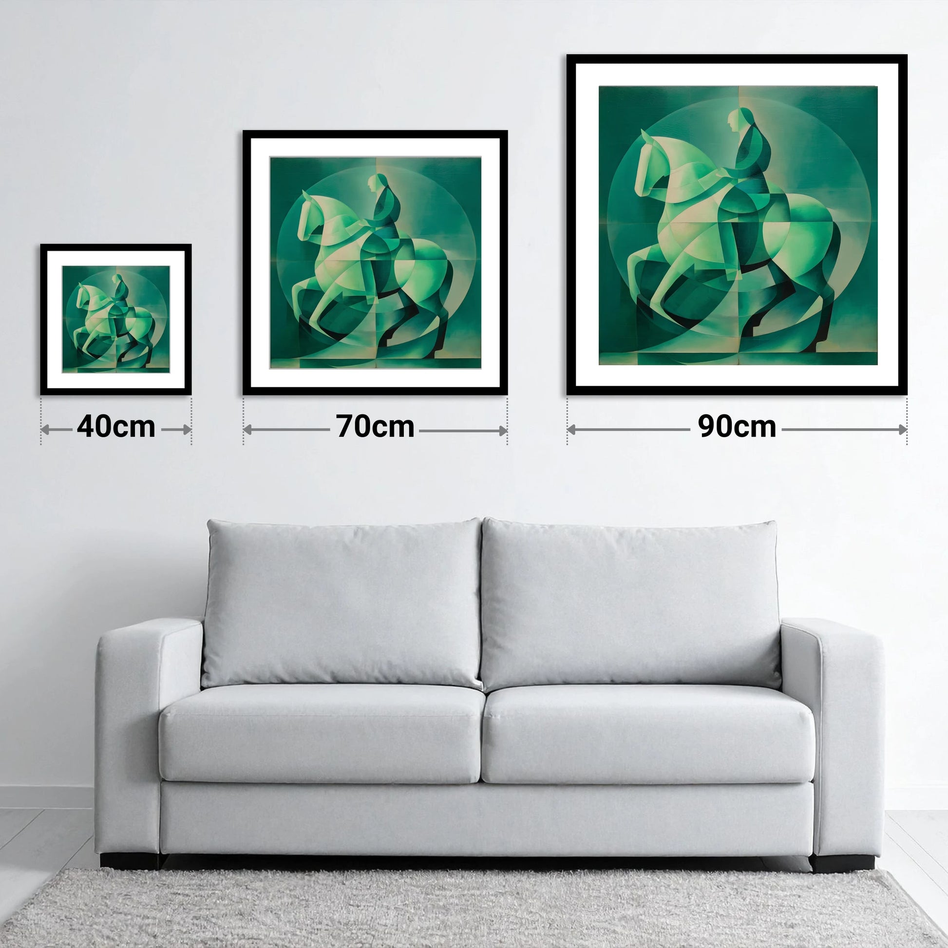 Emerald Cadence - size guide showing 40cm, 70cm and 90cm art prints