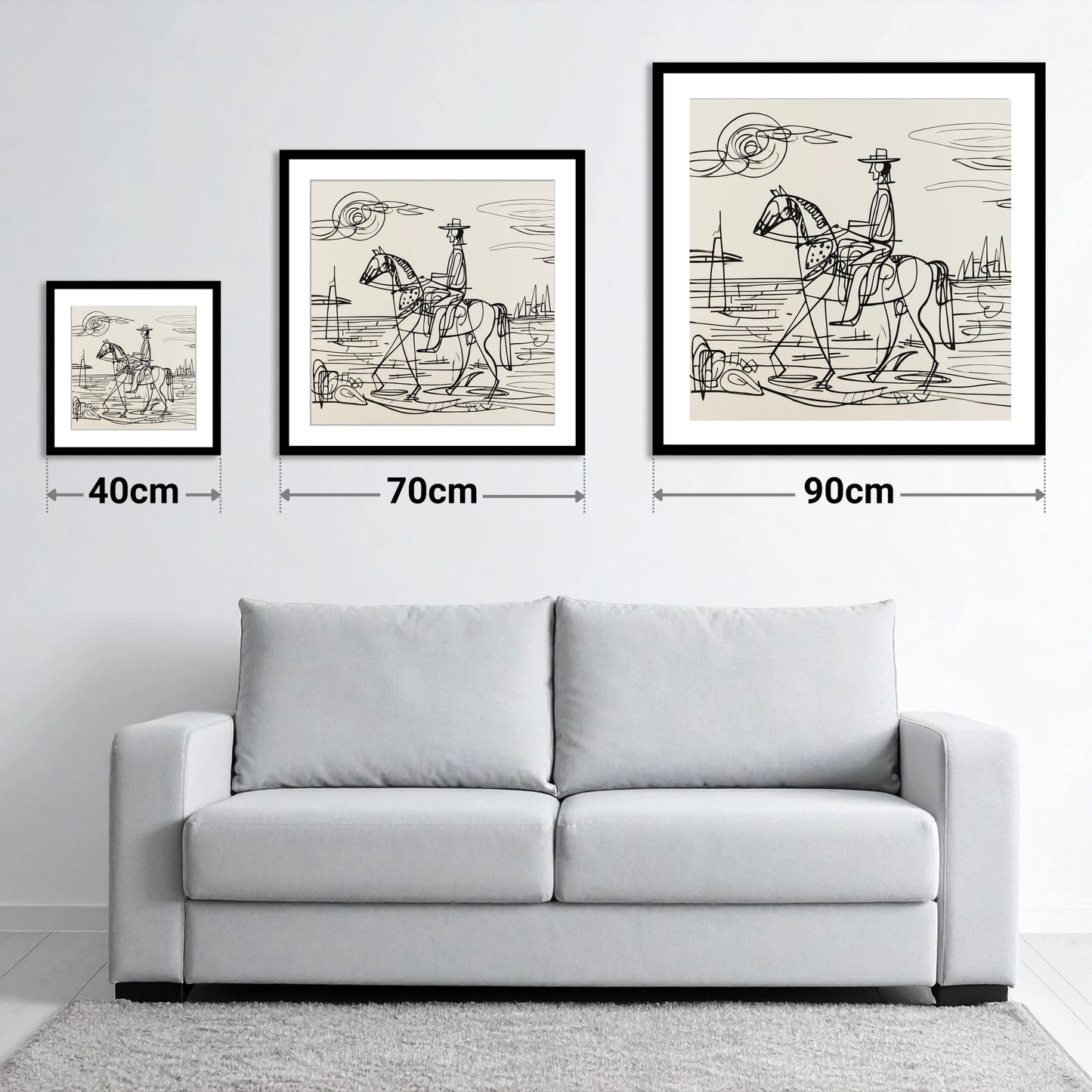 Abstract Coastal Ride - size guide showing 40cm, 70cm and 90cm art prints