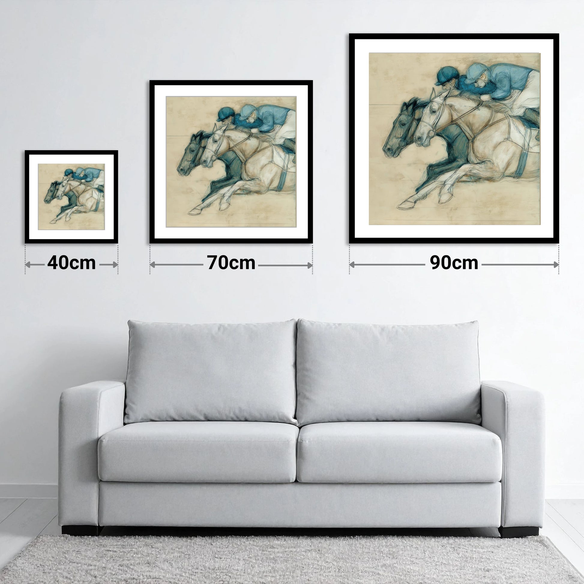 Neck and Neck - size guide showing 40cm, 70cm and 90cm art prints