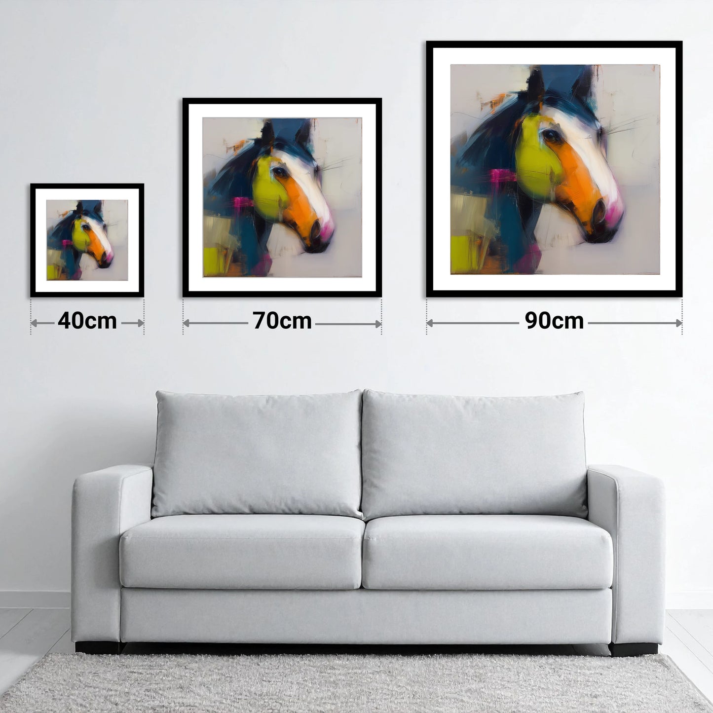 Vibrant Contemporary Profile - size guide showing 40cm, 70cm and 90cm art prints